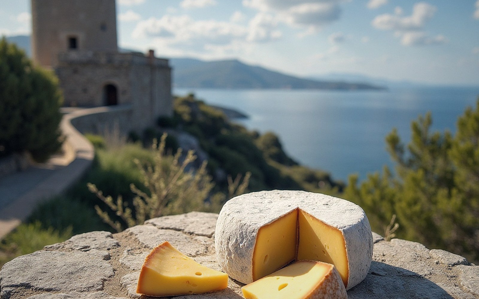 A wheel of cheese with cut wedges rests on a stone wall overlooking a coastal tower and sea