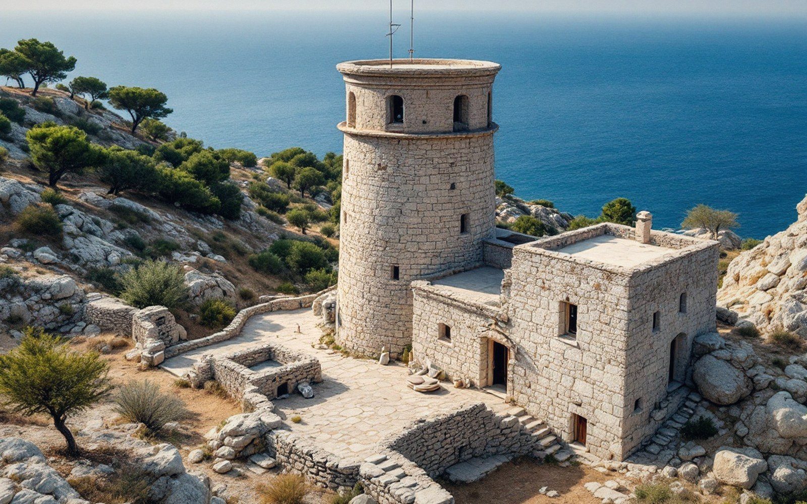 Stone tower and adjoining buildings perched on a rocky coastal hillside above the sea